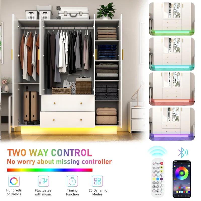 Armoire Wardrobe Closet With Mirror & Led Light, 4 Door Wooden Storage Cabinet With Drawers, Spacious Armoire With Hanging Rod & Adjustable Shelves