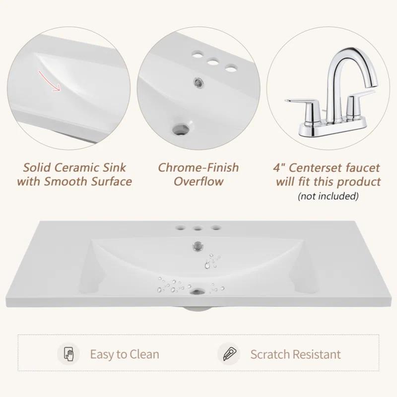 Tech Cube TCYX05543A 36" Single Bathroom Vanity Top With White Basin, 3-Faucet Holes, Ceramic, White