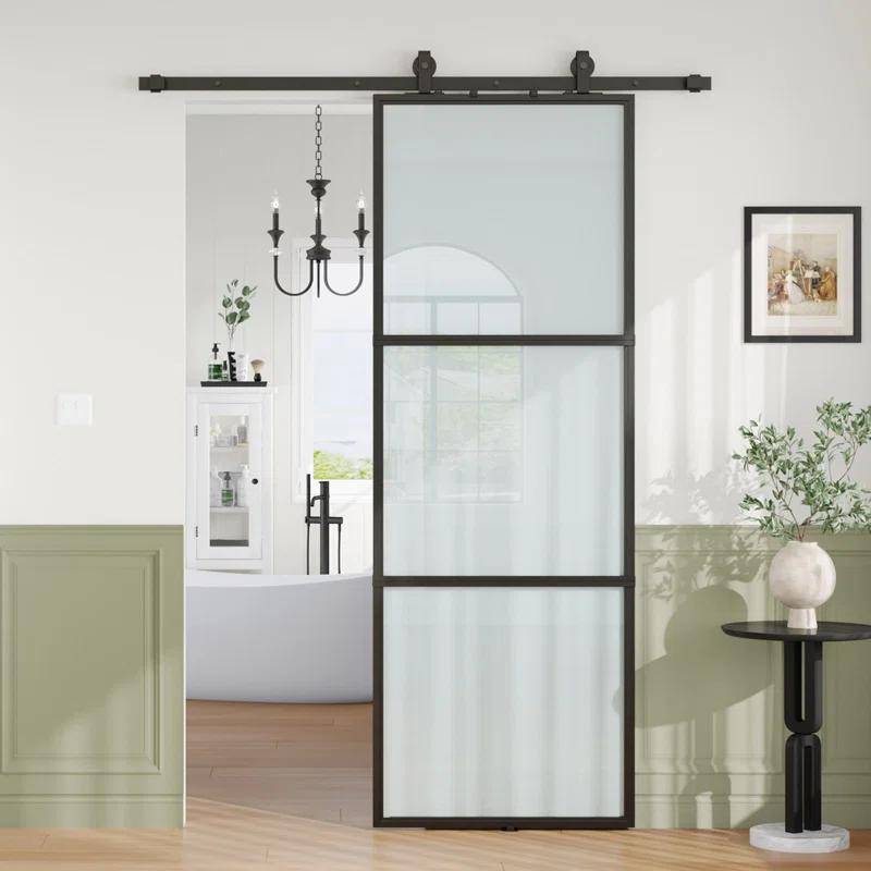 TREEBLING 84" Metal and Glass Sliding Barn Door with Two-Way Soft Close and Installation Hardware Kit
