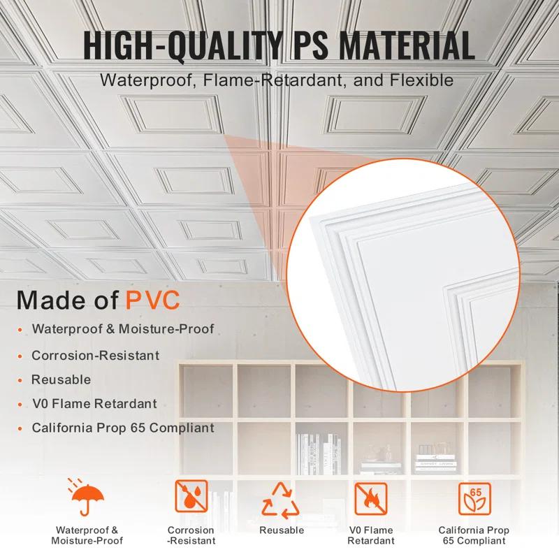 VEVOR Ceiling Tiles 12-Pack 24 x 24 in PVC Easy Installation White Geometric (Set of 12)