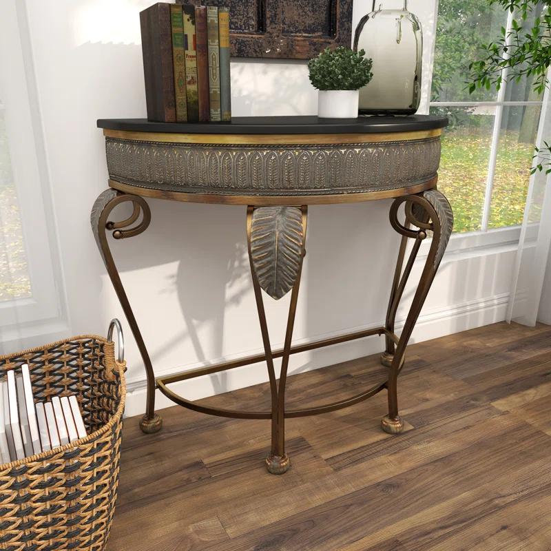 Alcott Hill® Gold Metal Leaf Embossed Living Room Console Table with Ornate Scroll Legs, 41" x 19" x 33"
