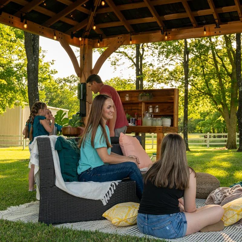 Backyard Discovery Backyard Discovery Barrington 16' x 12' Cedar Wood Outdoor Patio Gazebo with Hardtop Galvanized Steel Hip Roof and PowerPort