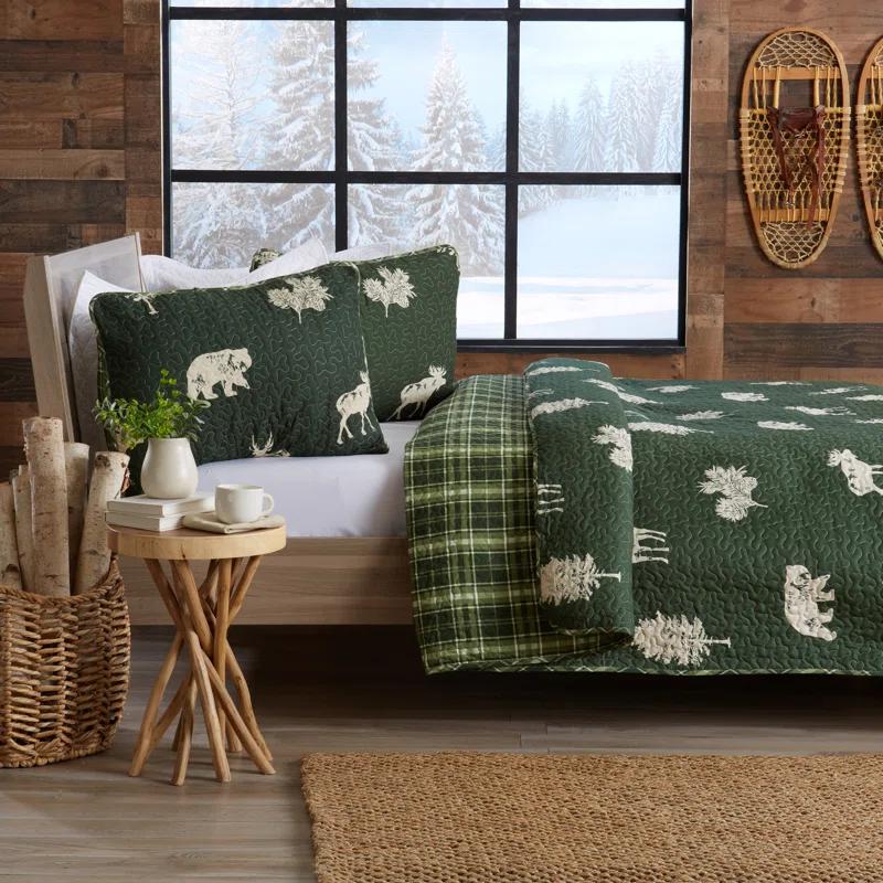 FreshFolds Forest Green Nature Quilt Set Reversible Plaid Quilt Set with Shams