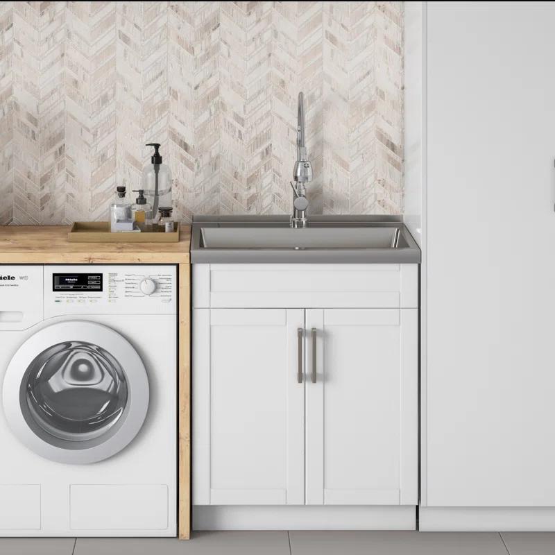 Simpli Home AXCLDYHEN28-SS Hennessy  All-in-One 28-inch Utility Sink & Cabinet in Pure White