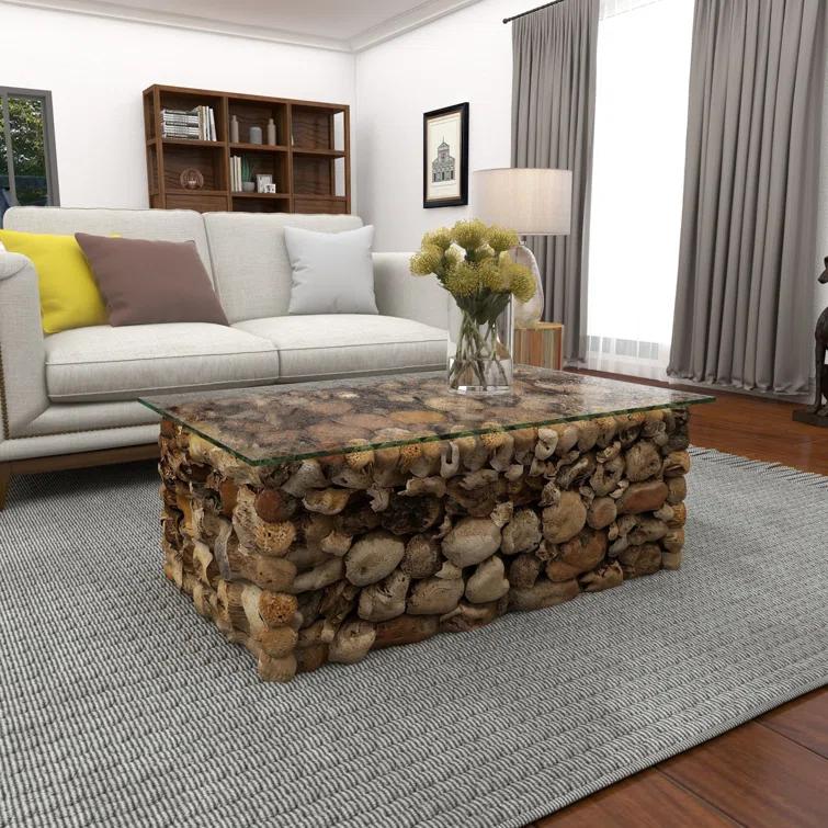Millwood Pines Brown Wood Handmade Stacked Collage Coffee Table with Clear Glass Top