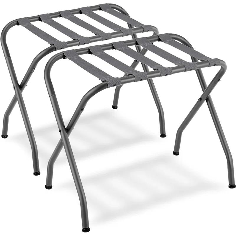 BINO 2-Pack Folding Luggage Rack Collapsible Metal Suitcase Stand With Durable Black Nylon Straps- For Bedroom, Guest Room, Or Hotel (Gray Steel)