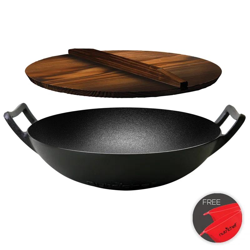 Open Box NutriChef Cooking Wok Cast Iron Stir Fry Pan with Wooden Lid, Black