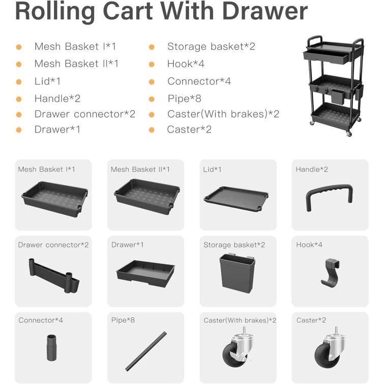 Ebern Designs 3 Tier Rolling Utility Cart With Drawer,utility Cart Made Of Multifunctional Storage Organizer Tool For Kitchen,bathroom,living Room,office