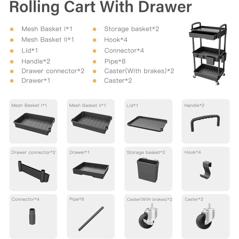 Ebern Designs 3 Tier Rolling Utility Cart With Drawer,utility Cart Made Of Multifunctional Storage Organizer Tool For Kitchen,bathroom,living Room,office