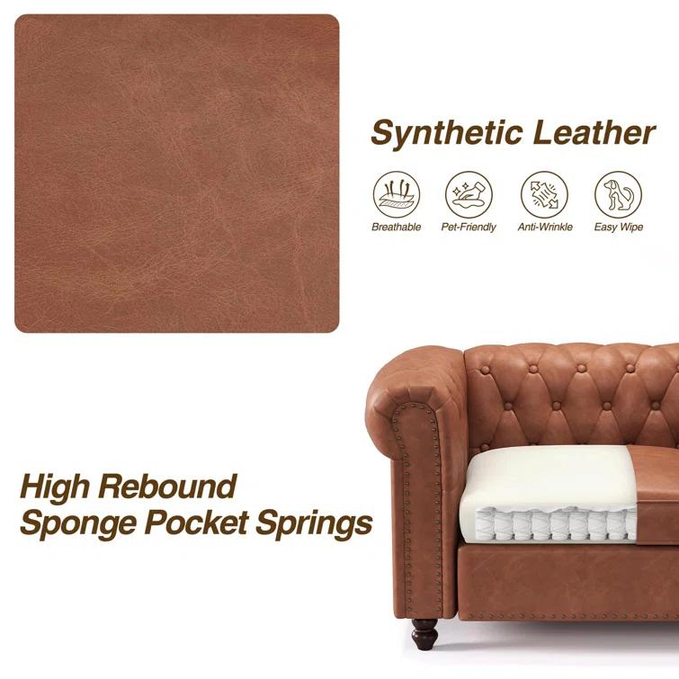 Alcott Hill® 72 Inch Couch Chesterfield Leather Sofa With Wooden Legs