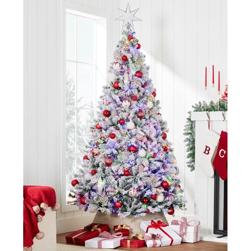 The Holiday Aisle® The Pre-Lit Artificial Christmas Tree Snow Flocked Pine Tree, Multicolor LED Lights