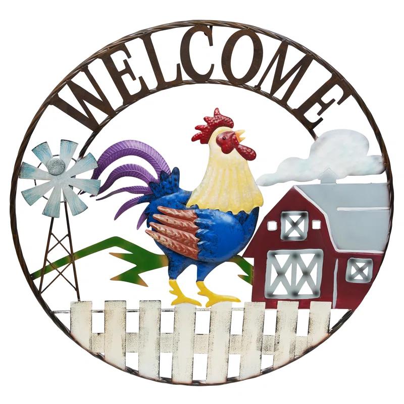 Alpine 30"H Large Round Rooster and Farm Welcome Wall Sign