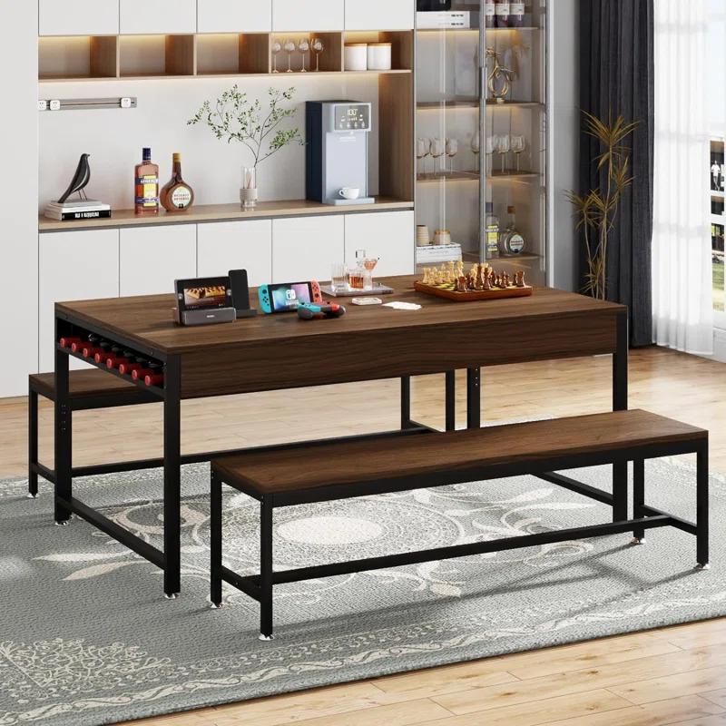 17 Stories Zubie 63"Dining Table Set for 4-6, 3-Piece Kitchen Table with 2 Utensil Drawers,2 Benches&Wine Rack