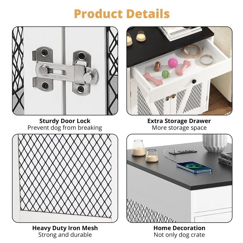 Tucker Murphy Pet™ Dog Crate Furniture, Wooden Dog Kennel End Table with USB Charging Station, Storage Drawer, Double Latched Door, Farmhouse Furniture-Style Crate Side Table for Dogs Under 40 lbs, Indoor Use