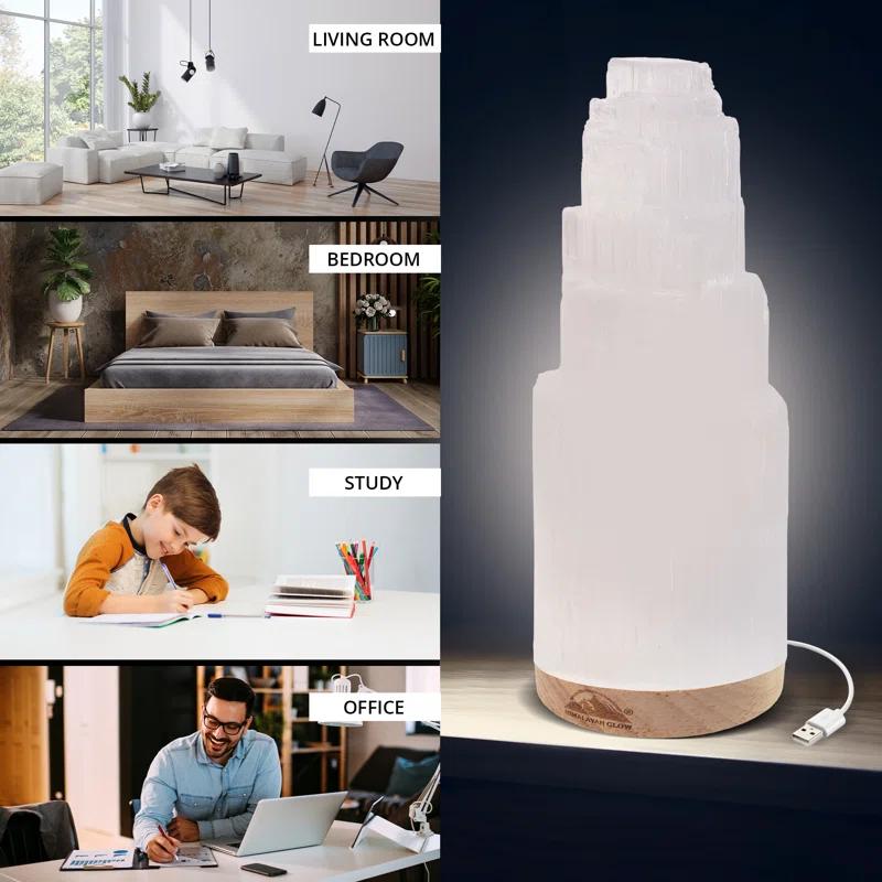 Himalayan Glow Selenite Crystal Lamp 20cm Large, Hand-Curved Crystal Lamp with Wooden Base - White