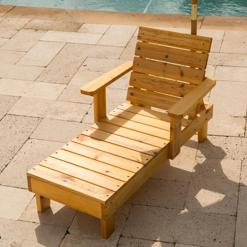 KidKraft Outdoor Wood Chaise Children's Chair with Umbrella and Cushion, Navy and White