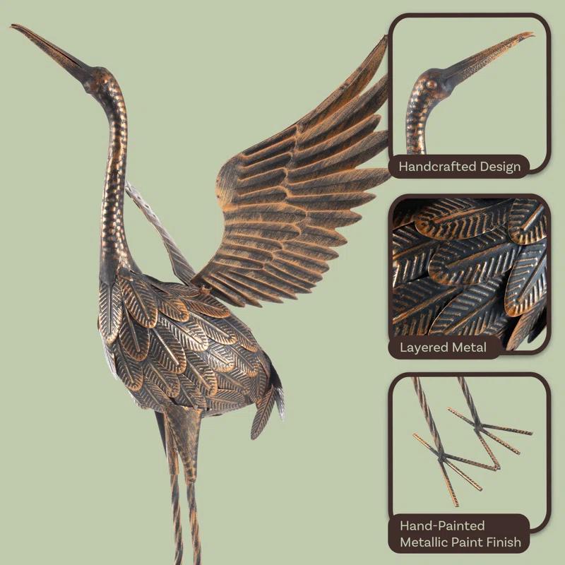 Red Barrel Studio® Flying Crane Garden Statue - 35-Inch-Tall Metal Yard Art Crane Statues for Outdoor Decor - Yard Crane Garden Sculptures & Statues - Lawn Ornaments for Patio, Pond, or Backyard by Pure Garden