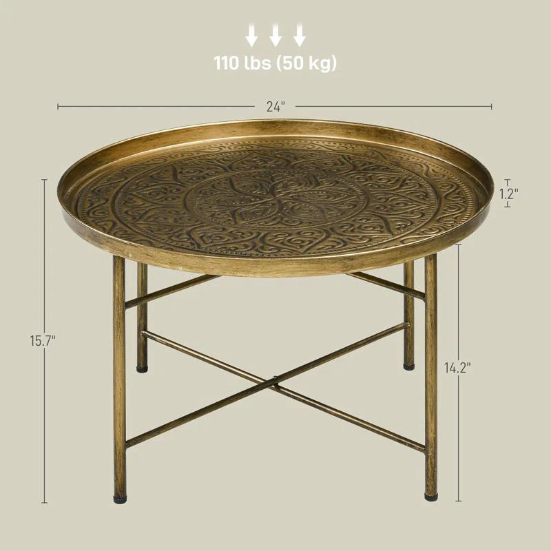 Dakota Fields 24" Round Coffee Table with Hammered Tray Top & Metal Frame, Gold