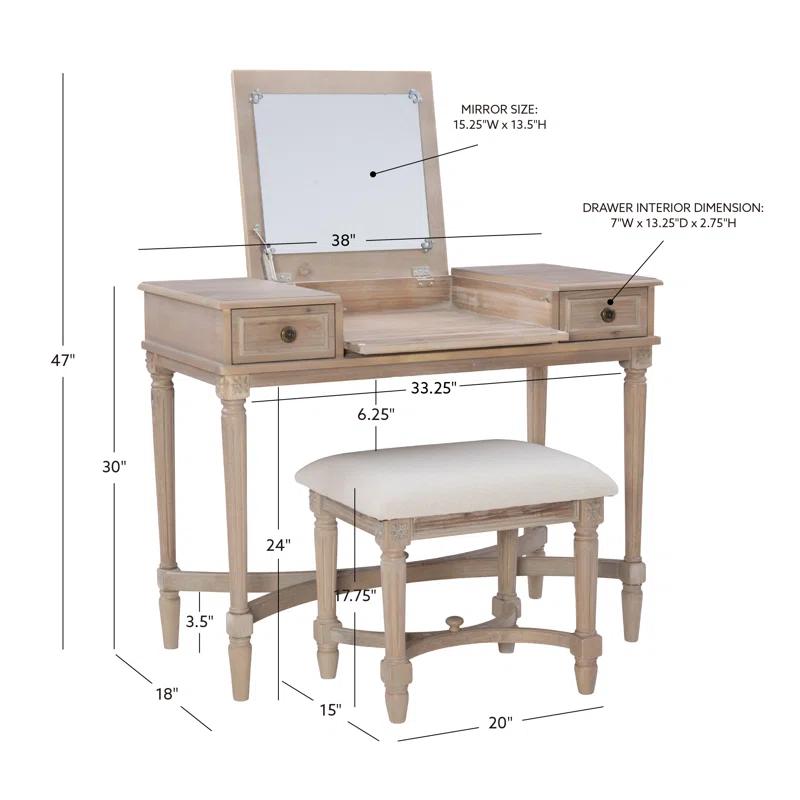 Kelly Clarkson Home June Natural Two Drawer Flip Top Vanity Set with Stool