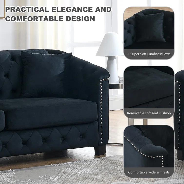 House of Hampton® House of Hampton® 2 Piece Chesterfield Sofa Set, Upholstered 77" Velvet 3 Seater Sofa + 59" Velvet Loveseat
