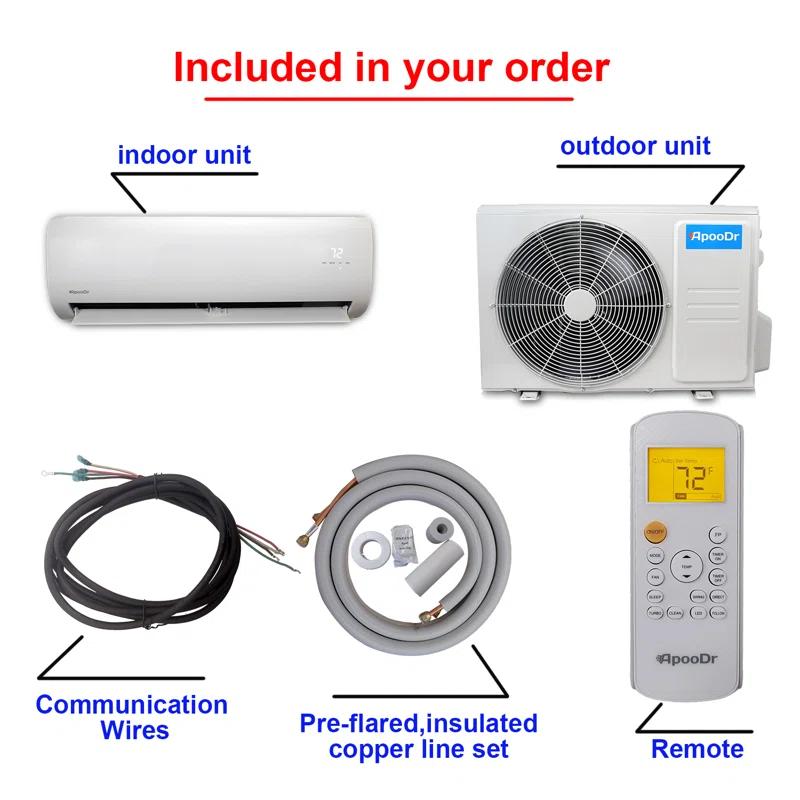 ApooDr ApooDr 12,000 BTU 17.6 SEER2, 230-Volt, Ductless Mini Split AC with Heat Pump, Wi-Fi, 16Ft. Lineset