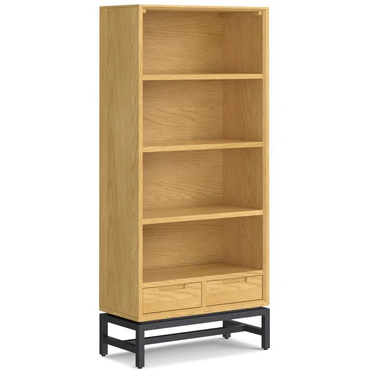 Banting 30"W Solid Wood 4 Shelf Industrial Bookcase with 2 Drawers, Adjustable Shelves, and Metal Base
