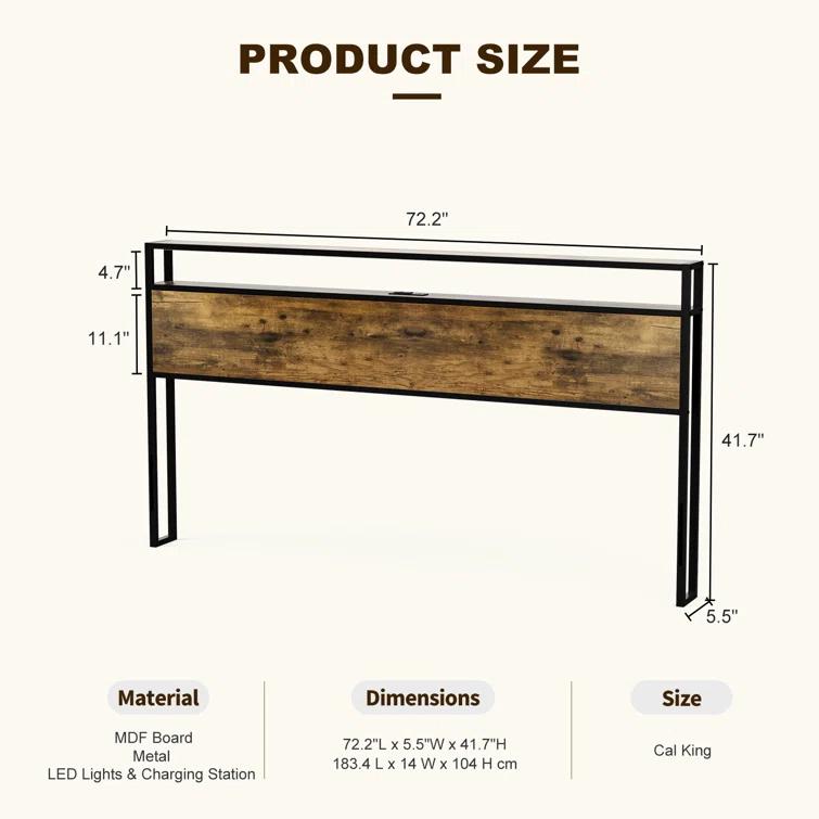 Ivy Bronx Kaiwei Storage Headboard With Led Lights & Charging Station - Industrial Metal And Wood