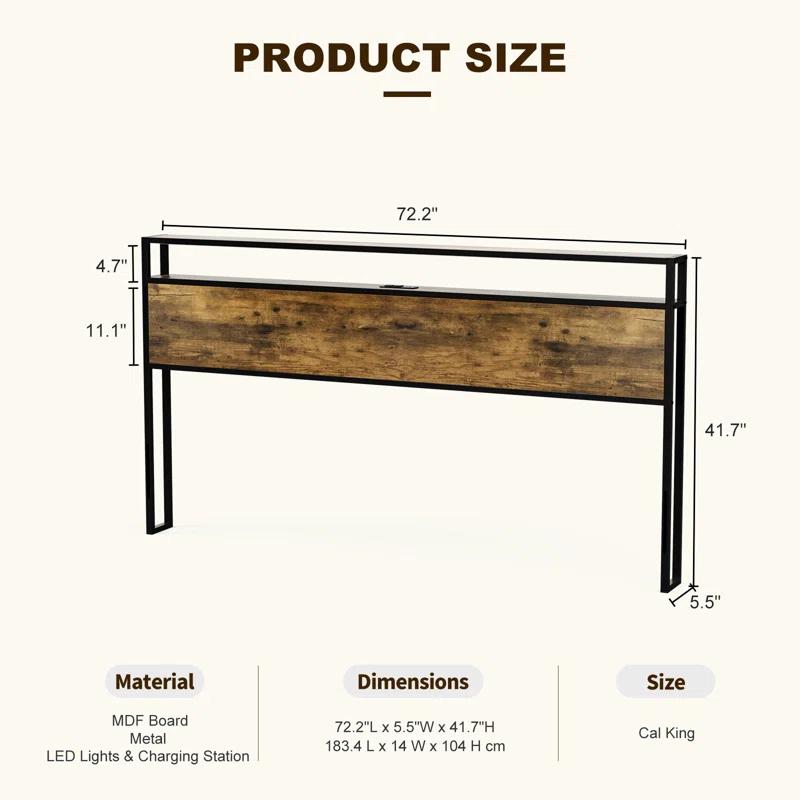 Ivy Bronx Kaiwei Storage Headboard With Led Lights & Charging Station - Industrial Metal And Wood