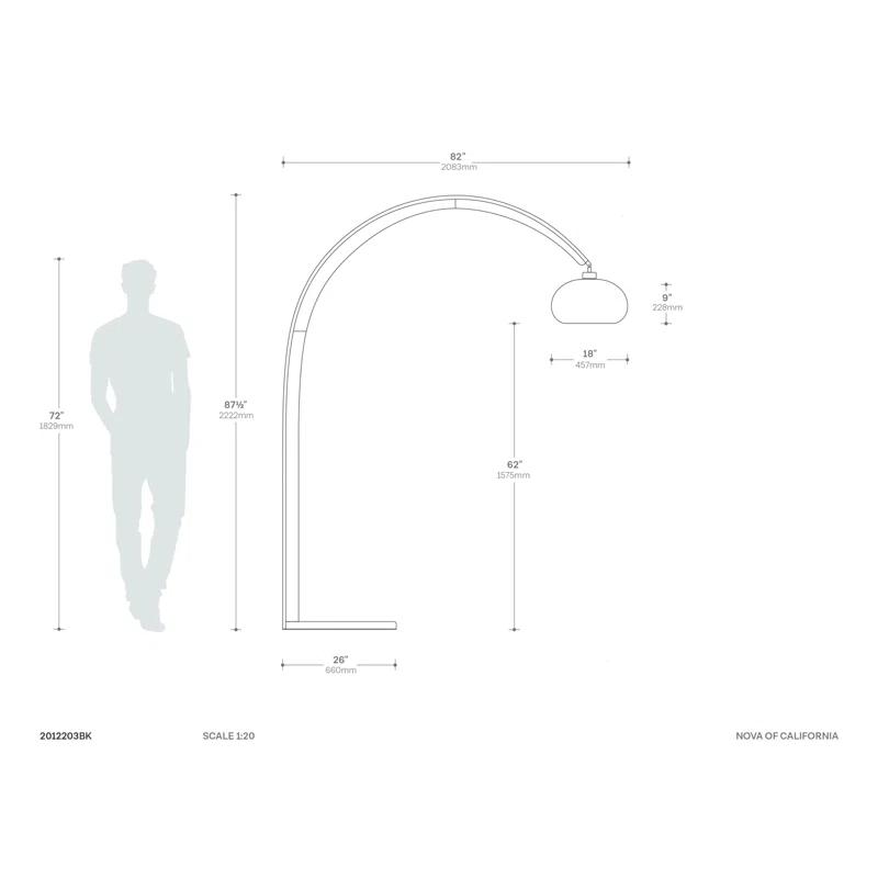 Nova of California Vaulted Arc Floor Lamp by Peter Morelli - 86", 1968 design, Black Wood, Satin Nickel, Dimmer Switch, V-base