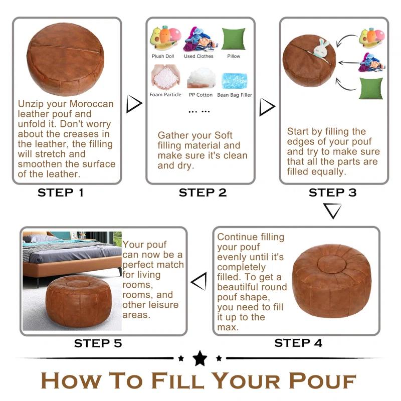 Unstuffed Handmade Moroccan Round Pouf Foot Stool Ottoman Seat Faux Leather Large Storage Bean Bag Floor Chair Foot Rest For Living Room, Bedroom Or Wedding Gifts