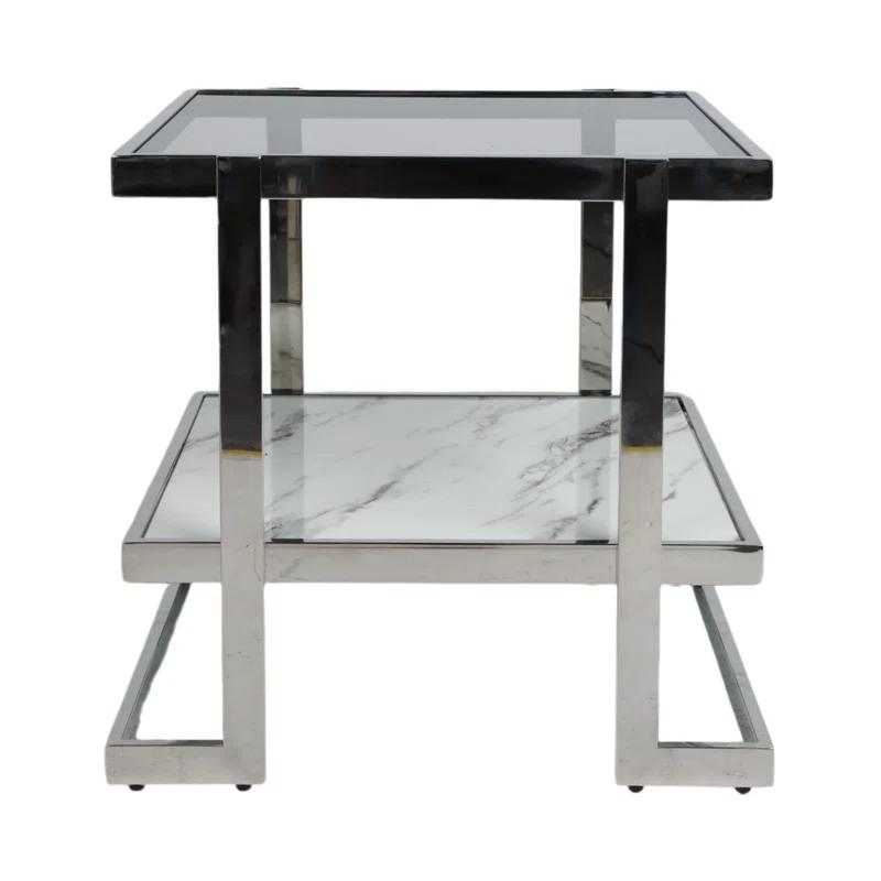 Mercer41 Atli Modern 24" Accent Table with Marble-Look Top, Glass Shelf & Gold Metal Geometric Frame for Living Room or Bedroom