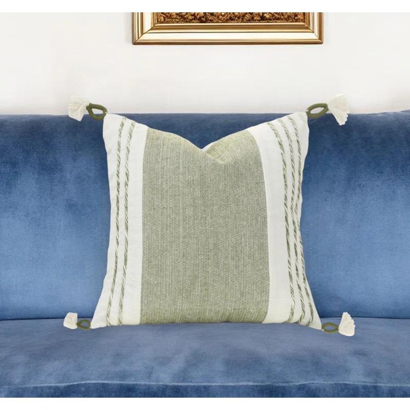 Moss Green and White Cotton Square Decorative Pillow with Tassels