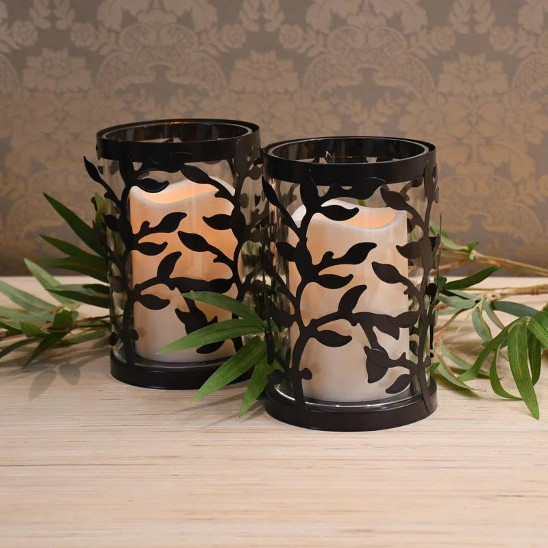 The Holiday Aisle® Black Vine Hurricanes with LED Candles (Set of 2)
