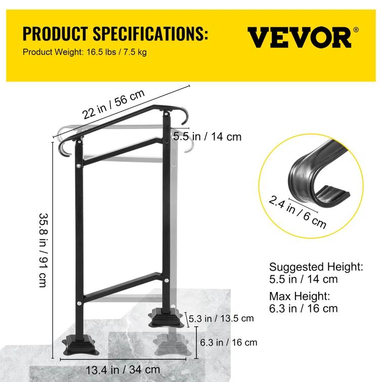 VEVOR 42.5" H x 19.7 " W x 6.3" D Adjustable Iron Handrail Black Fits 1 To 2 Steps Handrail Concrete Decor