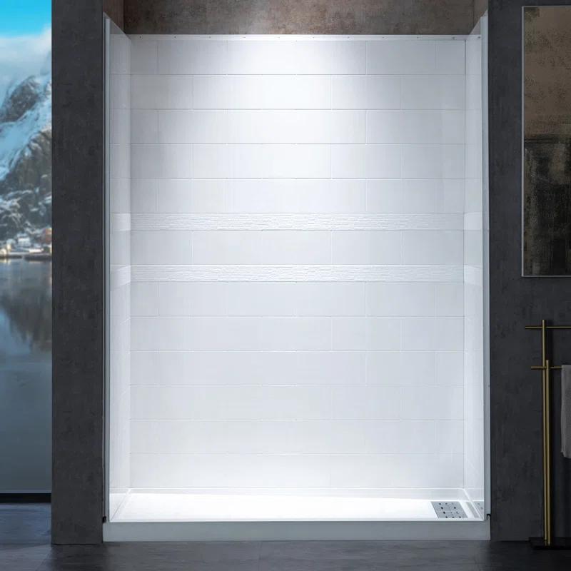WoodBridge Solid Surface Shower Wall Panel Surround, High Gloss White Finish, Cuttable, Two Installation Methods (Screw Mounting or Glue-Up Design)