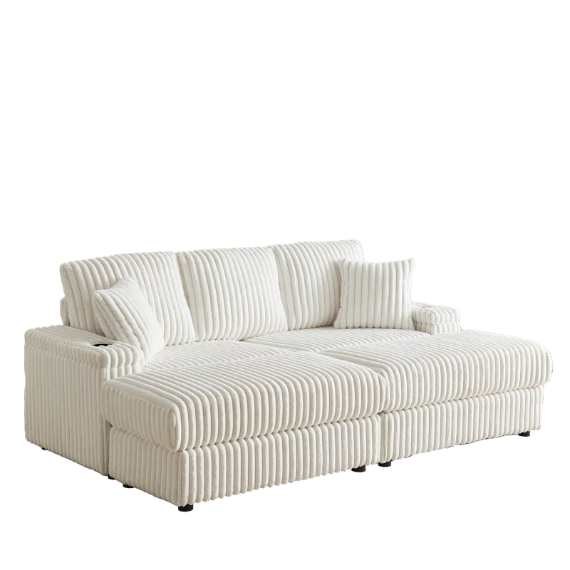YOPENG 84Inch Corduroy 3-Seater Sofa With 3 Back Pillows ,2 Toss Pillows , A Ottoman ,2Storage Spaces And Cup-Holding Grooves Comfy Sofa- Deep Seat Couch For Living Room