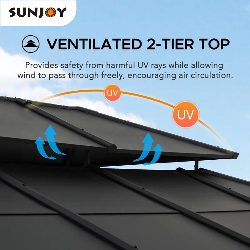 Sunjoy Sunjoy Hardtop Gazebo 12 x 16 ft. Outdoor Gazebo, Heavy Duty Steel Frame Gazebo, Double Tiered Metal Gazebo with Ceiling Hook and Removable Netting Sidewalls