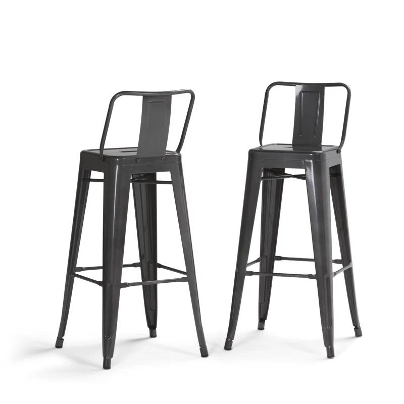 Simpli Home Rayne Metal Industrial Stool with Curved Back, Cross-Brace, and Footrest