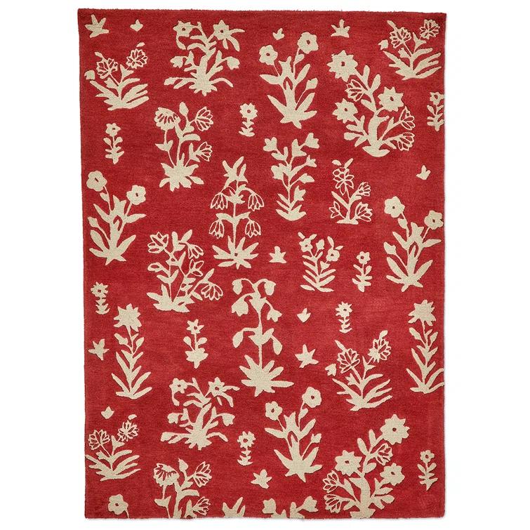 Sanderson Rectangle Floral Hand Tufted Wool Area Rug in Beige/Red | Perigold