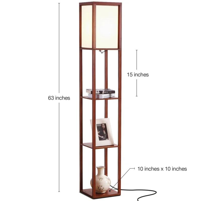 Brightech Maxwell 63" Modern LED Shelf Floor Lamp with Walnut Brown Finish, 3 Tiers, and Fabric Square Shade, Bulb Included
