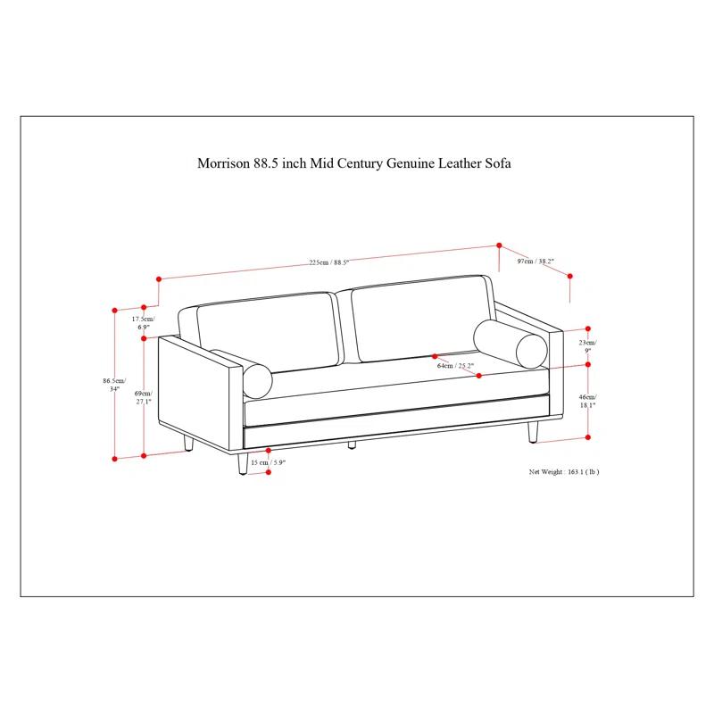 Simpli Home Morrison Genuine Leather Sofa, Mid-Century Modern Couch for Living Room, Handcrafted with Removable Cushions