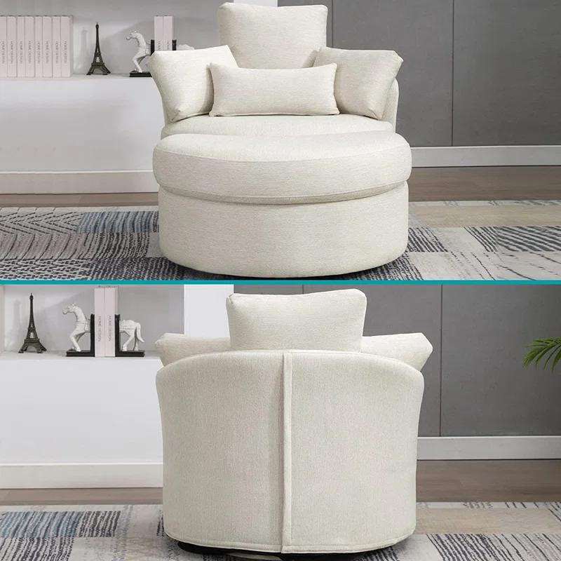 Beige Linen Swivel Barrel Chair with Storage Ottoman