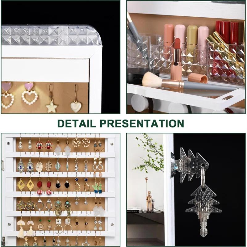 Hokku Designs LED Mirror Jewelry Cabinet,47.2" Wall Mounted Jewelry Organizer with Full-Length Mirror,Over The Door Hanging Jewelry Armoire Storage Cabinet,Folding Dresser,2 Drawers,Lockable, 3 Shelves(White)