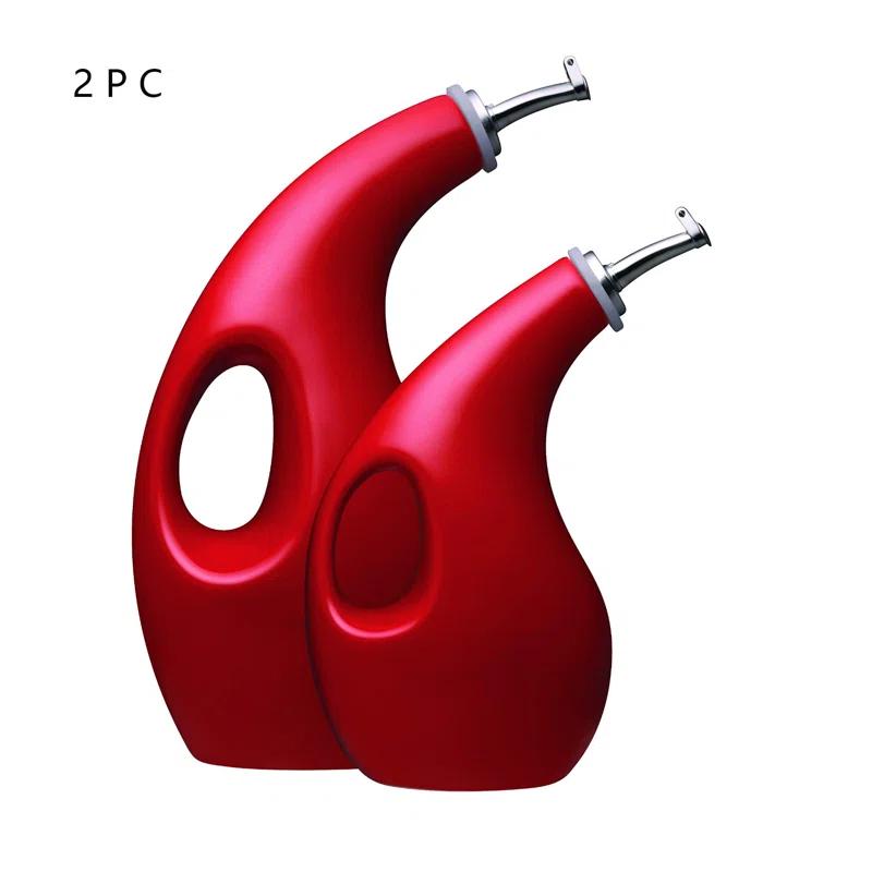 Red Ceramic Oil and Vinegar Dispensing Bottle Set with Spouts