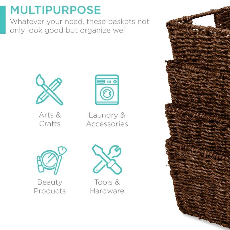 Rosecliff Heights 4 Multipurpose Stackable Seagrass Laundry Organizer Tote Baskets w/ Insert Handles