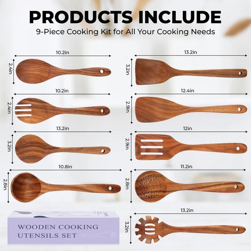 FAST APPLIANCES LLC 9Pcs Wooden Cooking Utensils, Wooden Spoons For Cooking, Teak Wood Kitchen Utensil Set