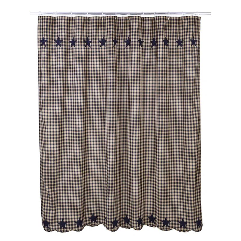 VHC Brands Navy Star Cotton Blend Checkered Shower Curtain with Liner Included