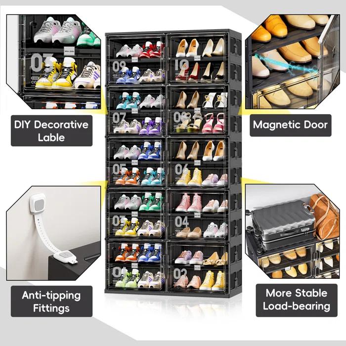 Rebrilliant 10 Tiers 40 Pairs Foldable Shoe Rack Organizer Fits Size 12, Large Shoe Cabinet With Magnetic Doors