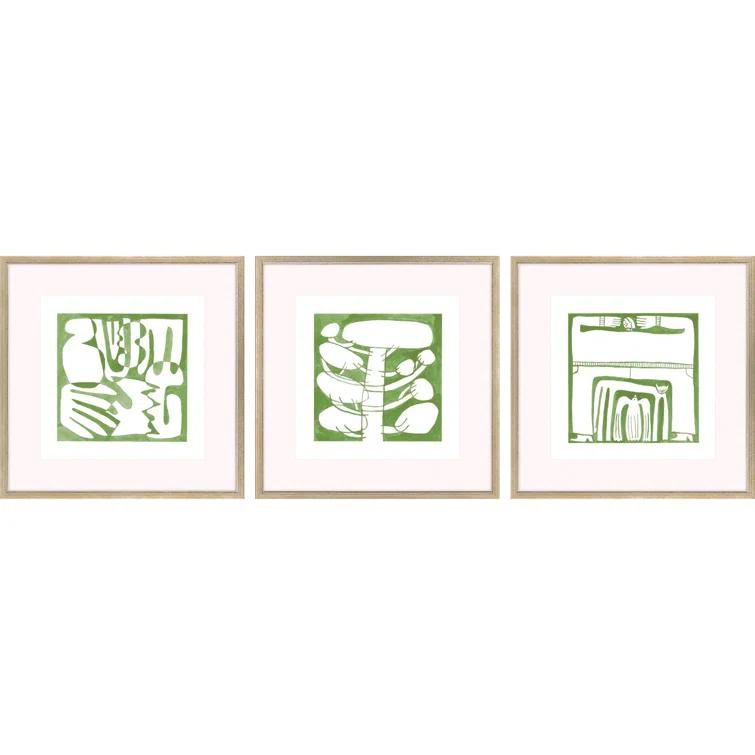Green and White Abstract Canvas Art Set with Gold Frame