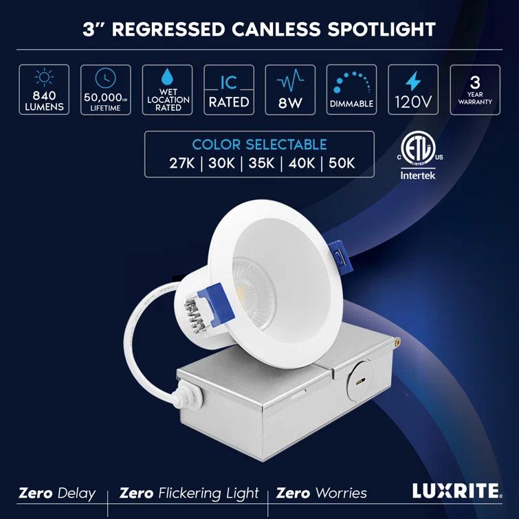 Luxrite Luxrite 3 Inch LED Recessed Ceiling Light J-Box 8W 5CCT 2700K/3000K/3500K/4000K/5000K 840LM Dimmable Canless Downlight, Wet Rated IC Rated ETL 12 Pack LR23320-12PK